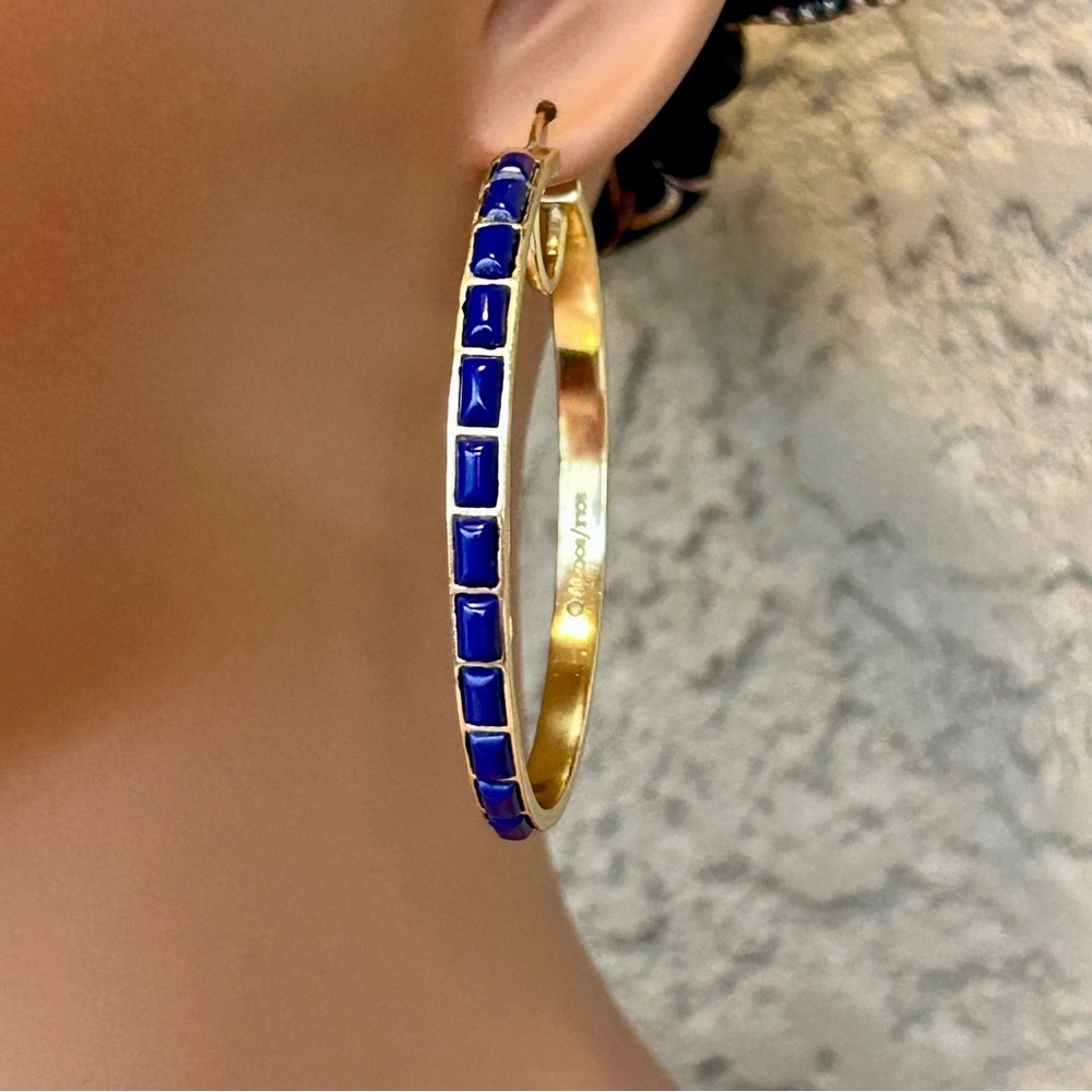 Chic Gold Plated Lapis Inlay Hoop Earrings